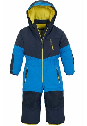 Combinaison de neige isolée bleue et marine avec des accents jaunes, poches zippées, poignets réglables et une capuche doublée de polaire jaune.