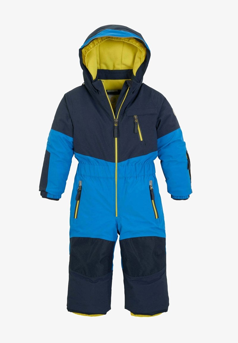 Niebieski i granatowy ocieplany kombinezon narciarski z żółtymi akcentami, zapinanymi kieszeniami, regulowanymi mankietami oraz kapturem wyłożonym żółtym polarem.