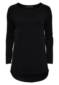 Haut noir à manches longues pour femme avec un décolleté en U et un ourlet arrondi, taille moyenne, en tissu tricoté lisse.