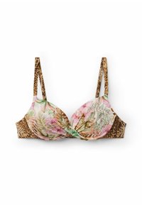 Floral print bikini top with pink and green patterns, featuring a twist front design and brown leopard print sides with adjustable straps.