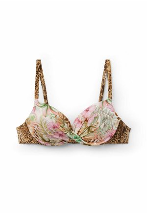 Květinový bikiny top s růžovými a zelenými vzory, s designem s otočeným předním dílem a hnědými leopardími vzory na stranách, s nastavitelnými popruhy.