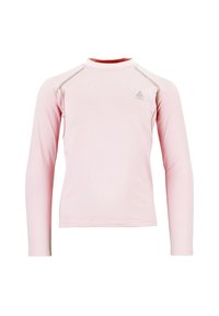 Chemise à manches longues rose clair en tissu extensible, avec un col rond et des coutures contrastées le long des épaules.