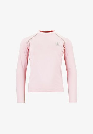 Chemise à manches longues rose clair en tissu extensible, avec un col rond et des coutures contrastées le long des épaules.