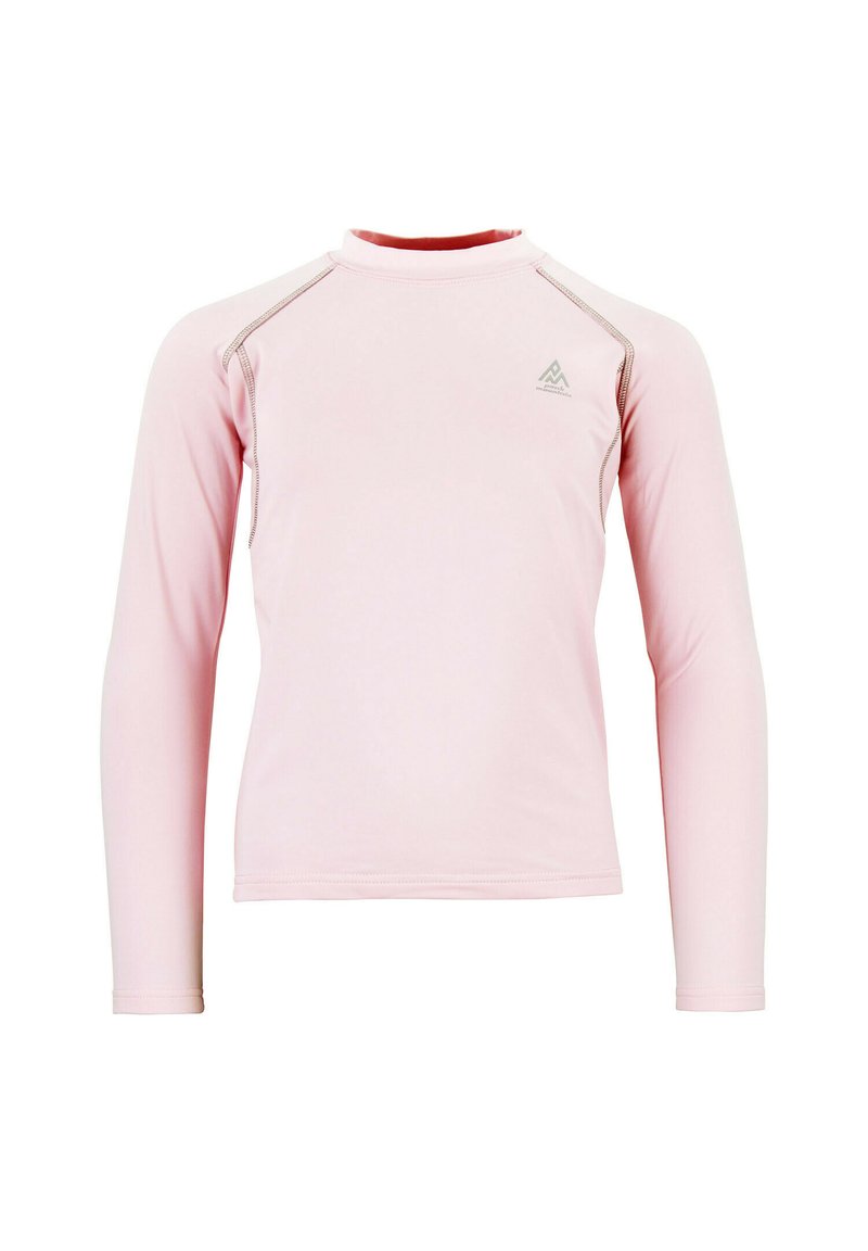 Chemise à manches longues rose clair en tissu extensible, avec un col rond et des coutures contrastées le long des épaules.