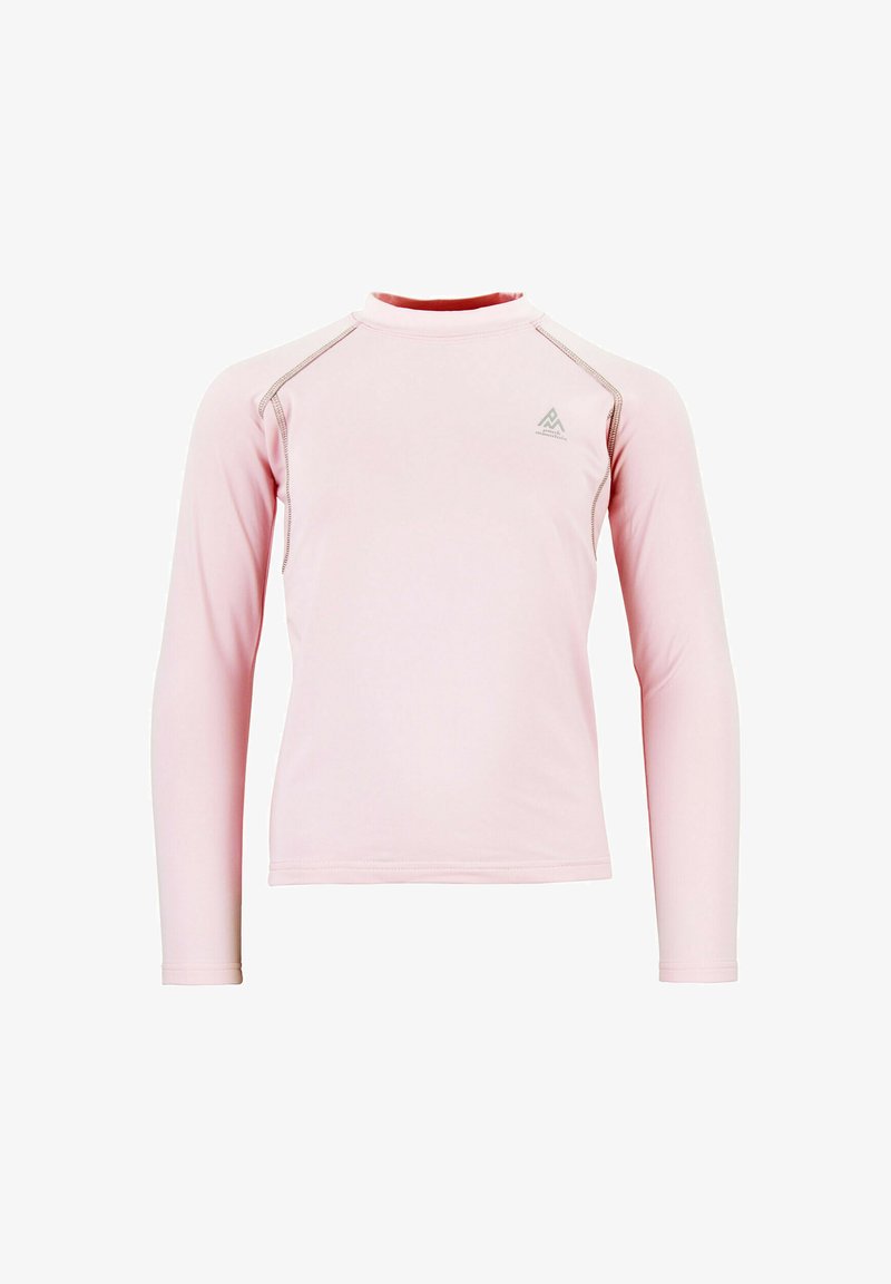 Chemise à manches longues rose clair en tissu extensible, avec un col rond et des coutures contrastées le long des épaules.