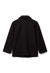 Černá dlouhá bunda s rukávy a límcem, s rovnoměrným minimalistickým designem, zobrazená zezadu na bílém pozadí.