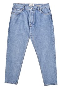 Jeans in denim blu chiaro con vita alta, design a gamba dritta, configurazione a cinque tasche e dettagli di cucitura discreti.