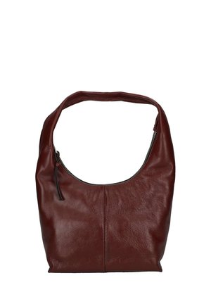 Borsa a tracolla in pelle marrone con una singola tracolla e una chiusura con cerniera lungo il bordo superiore.