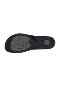 Black shoe insole with a textured gray design, featuring a curved shape and subtle branding. The surface has sections for traction and comfort.