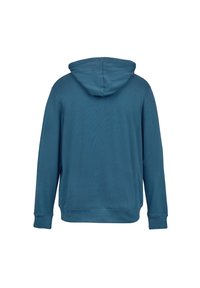 Mikina s kapucí v tyrkysové barvě, vyrobená z měkké látky. Má dlouhé rukávy, kapsu ve stylu klokanky a žebrované manžety a lem. Jednoduchý design bez vzorů.