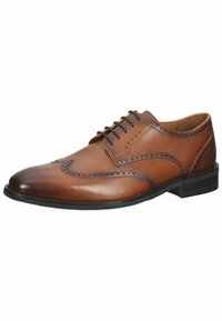 Braune Lederkleidungsschuhe mit Brogue-Verzierungen, Schnürdesign, glatter Oberfläche, runder Zehenform und schwarzer Gummisohle.