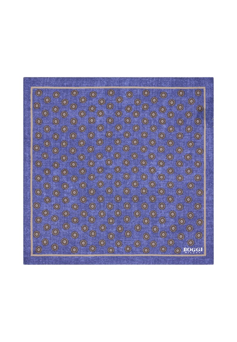 Purple patterned scarf made of soft fabric, featuring small brown floral motifs and a gold border. Brand name "BOGGI" in the bottom right corner.