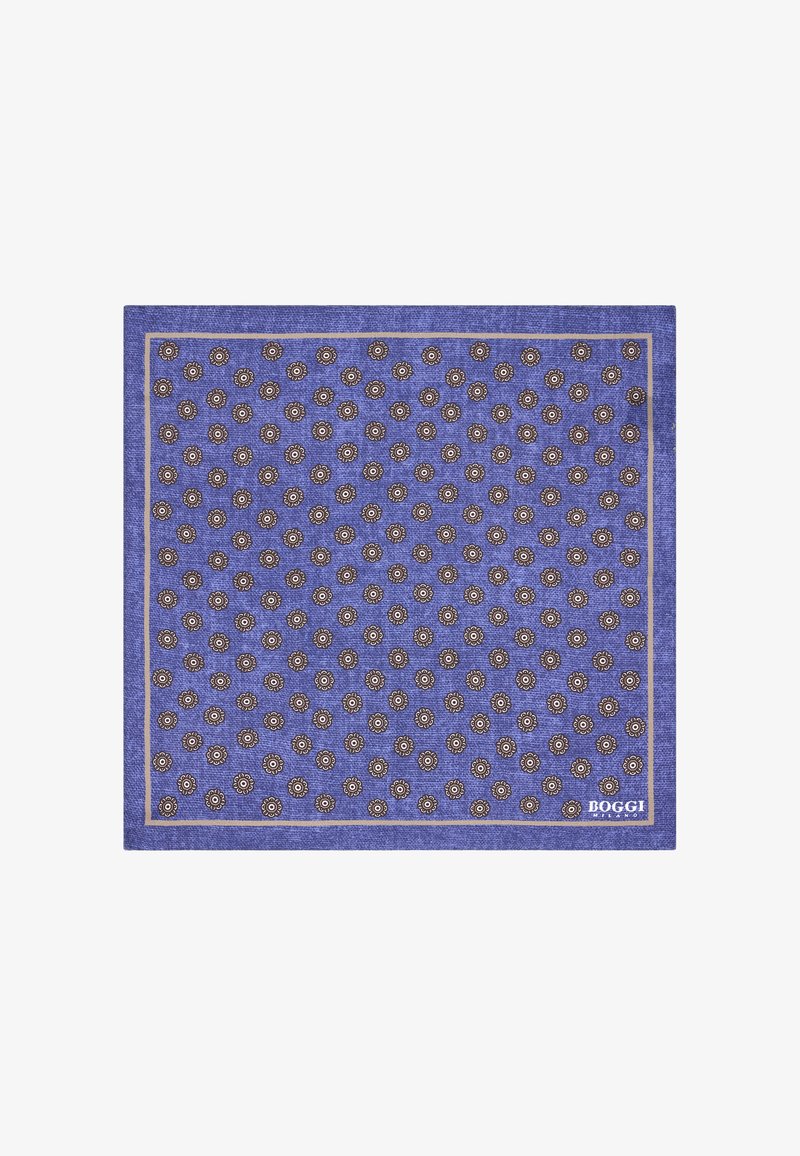 Purple patterned scarf made of soft fabric, featuring small brown floral motifs and a gold border. Brand name "BOGGI" in the bottom right corner.