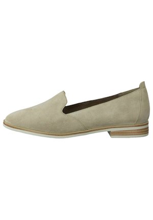 Beige suede slip-on shoes with a notched design and a low block heel, featuring a contrasting light brown striped accent on the heel.