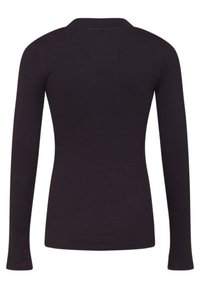 Melns garām piedurknēm ribots tops ar apaļu izgriezumu un mazu kvadrātveida etiķeti aizmugurē. Mīksta tekstūra un pieguļošs dizains.