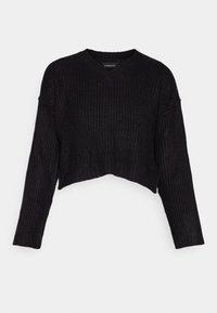 Černý zkrácený svetr vyrobený z žebrované tkaniny. Má dlouhé rukávy a výstřih do V. Jednoduchý design bez dalších vzorů nebo akcentů.
