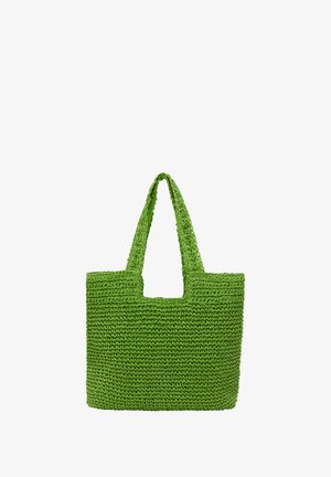 Grøn vævet tote taske med struktureret overflade, åben top og to håndtag, med rektangulær form og udseende af naturfibre.