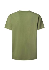 Camiseta de manga corta en verde oliva, con cuello redondo, diseño liso, textura suave, material similar al algodón, con corte recto y sin adornos.