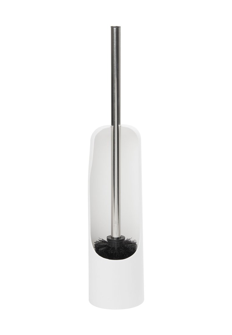 Brosse de toilette avec un manche en acier inoxydable et une tête en poils noirs, logée dans un support cylindrique blanc avec une ouverture à l'avant.