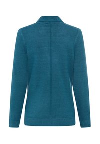 Blauer Strickcardigan mit Schalkragen, langen Ärmeln und gerippten Bündchen; hat eine saubere Rückennaht und eine weiche Textur.