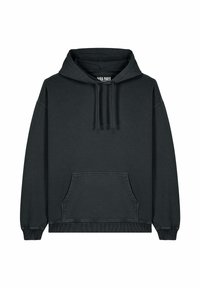 Felpa nera con cappuccio realizzata in tessuto morbido, dotata di tasca a canguro, cappuccio con cordino, polsini e orlo a coste. Design minimalista senza grafiche.