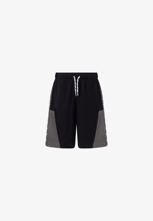 Schwarze Shorts mit elastischem Bund, weißen Kordeln, grauen Einsätzen an den vorderen Seiten und gemusterten Seitenstreifen.