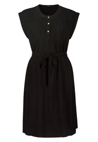 Robe noire avec des manches courtes, décolleté boutonné, buste texturé, et une ceinture à nouer à la taille, avec une jupe ample et un tissu doux.