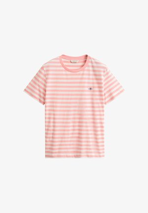 Korte mouw t-shirt met roze en witte horizontale strepen en een klein geborduurd logo op de linkerborst.