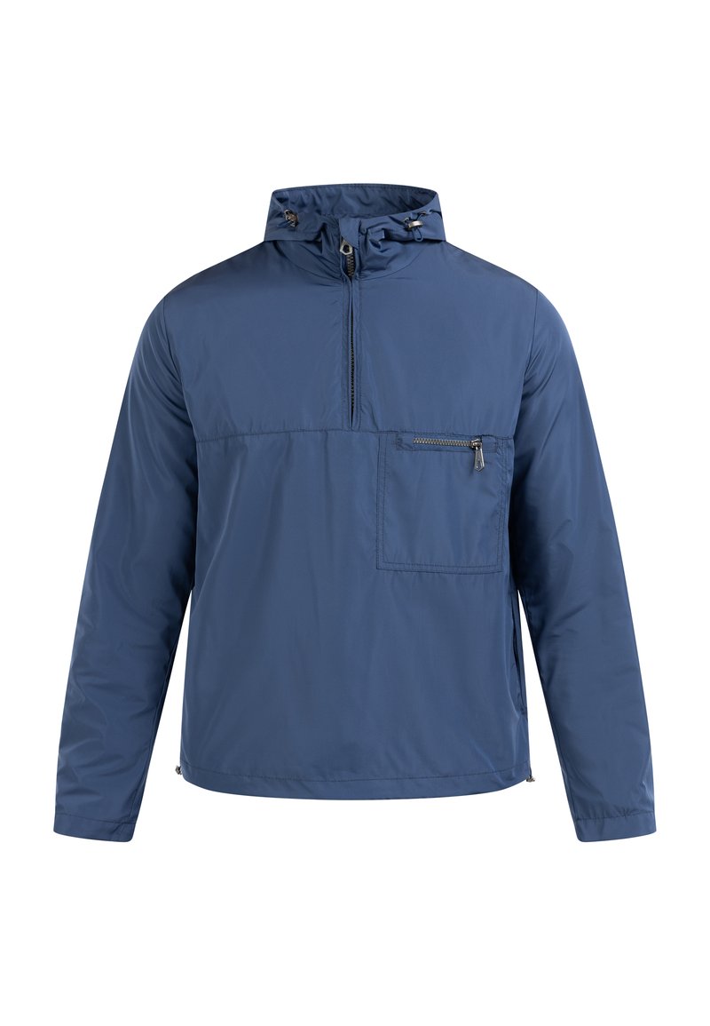 Veste pullover bleue avec demi-zip à l'avant, capuche avec cordons de serrage réglables et poche poitrine zippée.