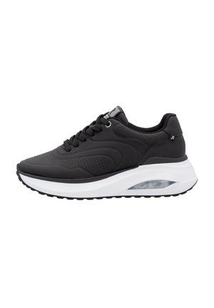 Black athletic shoes with a textured surface, round toe, and perforations. Features a thick white midsole and clear cushioning detail.