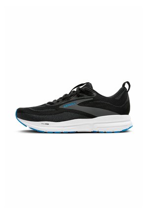 Black running shoe with a textured mesh upper, gray accents, and a white midsole. Features blue outsole detail and flat black laces.