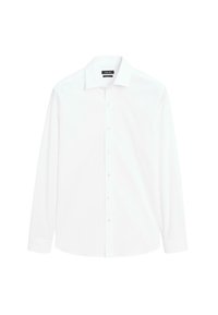 Camicia bianca a maniche lunghe realizzata in tessuto intrecciato. Presenta un colletto classico, patta con bottoni e maniche con polsini, con un orlo dritto.