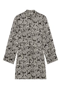 Giacca a camicia con motivo bianco e nero, colletto, maniche lunghe e vestibilità comoda. Presenta forme astratte e righe verticali.