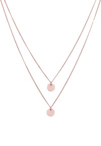 Rose gold double-layered necklace featuring two round pendants with a textured surface and fine chain design, hung at varying lengths.