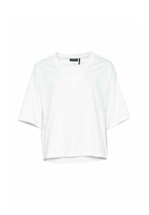 White v-neck t-shirt with short sleeves, loose fit, cotton material, plain design, and a slightly cropped length. No visible patterns or accents.