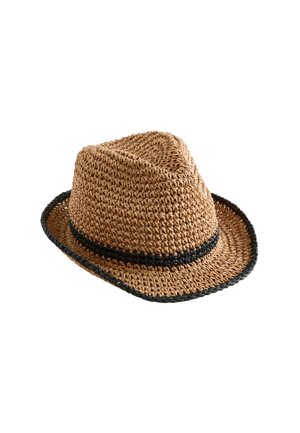 Brun flettet fedora-hat med sort kant rundt skyggen og bunden af kronen på en hvid baggrund.