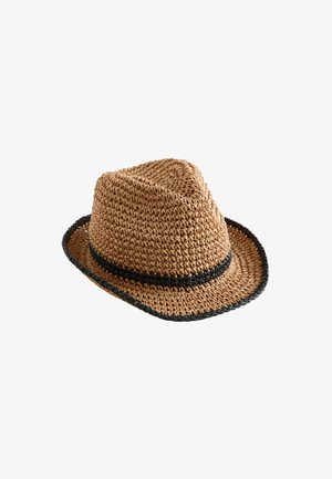 Brauner gewebter Fedora-Hut mit schwarzem Besatz am Rand und an der Basis der Krone auf weißem Hintergrund.