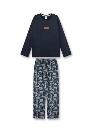 Marineblaues Langarmshirt mit orangefarbener Aufschrift "SHARK ZONE" und passende blau-graue Hose mit geometrischem Haifischmuster und wiederholter "SHARK ZONE"-Aufschrift.