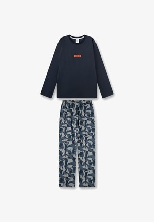 Marineblaues Langarmshirt mit orangefarbener Aufschrift "SHARK ZONE" und passende blau-graue Hose mit geometrischem Haifischmuster und wiederholter "SHARK ZONE"-Aufschrift.