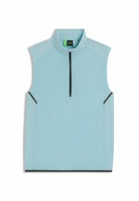 Light blue sleeveless vest with a high collar, front zip closure, and black accents on the sides. Smooth, lightweight fabric.