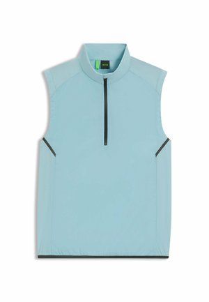 Jasnoniebieska bezrękawnik z wysokim kołnierzem, z zamkiem błyskawicznym z przodu i czarnymi akcentami po bokach. Gładki, lekki materiał.