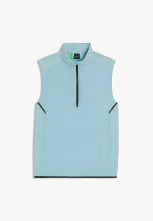 Jasnoniebieska bezrękawnik z wysokim kołnierzem, z zamkiem błyskawicznym z przodu i czarnymi akcentami po bokach. Gładki, lekki materiał.