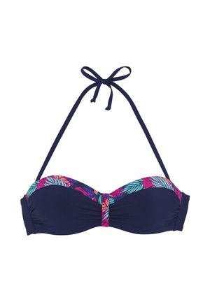 Marineblauer Bikinioberteil mit tropischem Blumenmuster am Bund, verstellbaren Kordeln und zentraler Drehung. Weiches, elastisches Material.