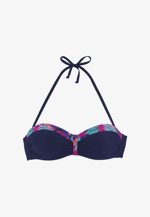 Marineblauer Bikinioberteil mit tropischem Blumenmuster am Bund, verstellbaren Kordeln und zentraler Drehung. Weiches, elastisches Material.