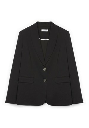 Blazer nero realizzato in tessuto strutturato, caratterizzato da rever a lancia, due tasche frontali, due bottoni e una fodera interna liscia.