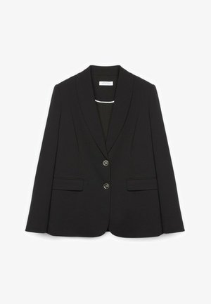 Blazer nero realizzato in tessuto strutturato, caratterizzato da rever a lancia, due tasche frontali, due bottoni e una fodera interna liscia.