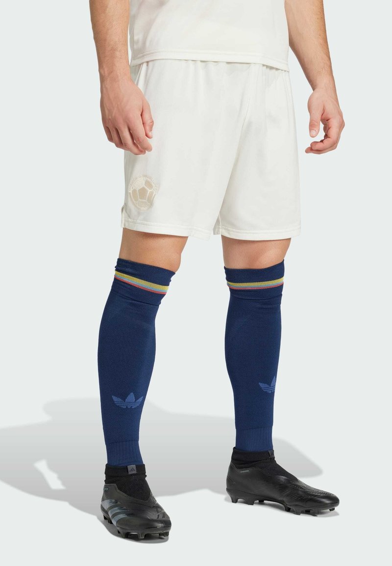 Witte sportieve shorts met een subtiel logo, gecombineerd met blauwe kniekousen met meerkleurige strepen en zwarte voetbalschoenen.
