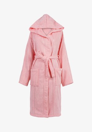 Pink hooded bathrobe made of soft terry cloth. Features a belt, two front pockets, and textured vertical stripes on the fabric.