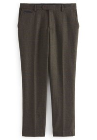 Pantalons en laine marron avec un motif à carreaux subtil, dotés de poches latérales et d'un accent bleu contrastant près de la taille.