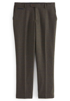 Brown wool trousers with a subtle checked pattern, featuring side pockets and a contrasting blue accent near the waistband.